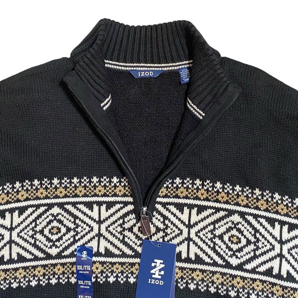 Izod 1/4 Zip Fair Isle Black Sweater Cotton Blend NWT Men’s Size 2XL NEW - Picture 2 of 13